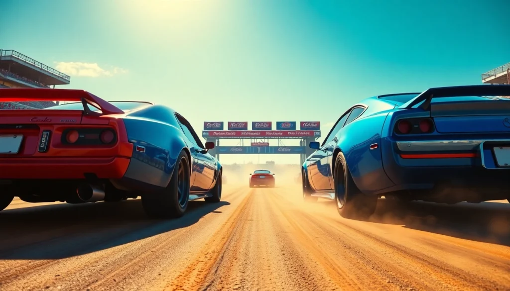 Drag Racing competition between two high-performance cars at the starting line, full of energy.