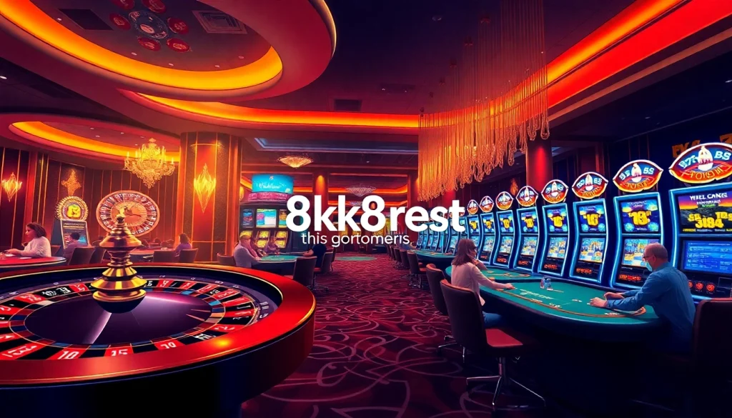 Experience the excitement of gambling at 8k8.rest with players enjoying roulette and poker tables.