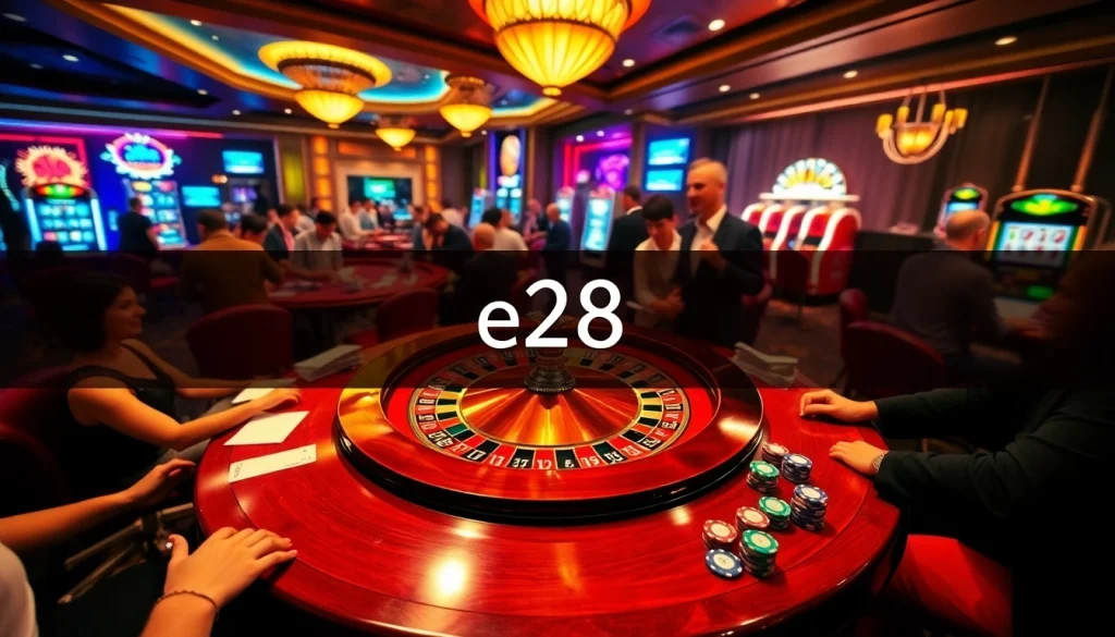 e28 casino scene with players at roulette and poker tables, celebrating wins in vibrant atmosphere.