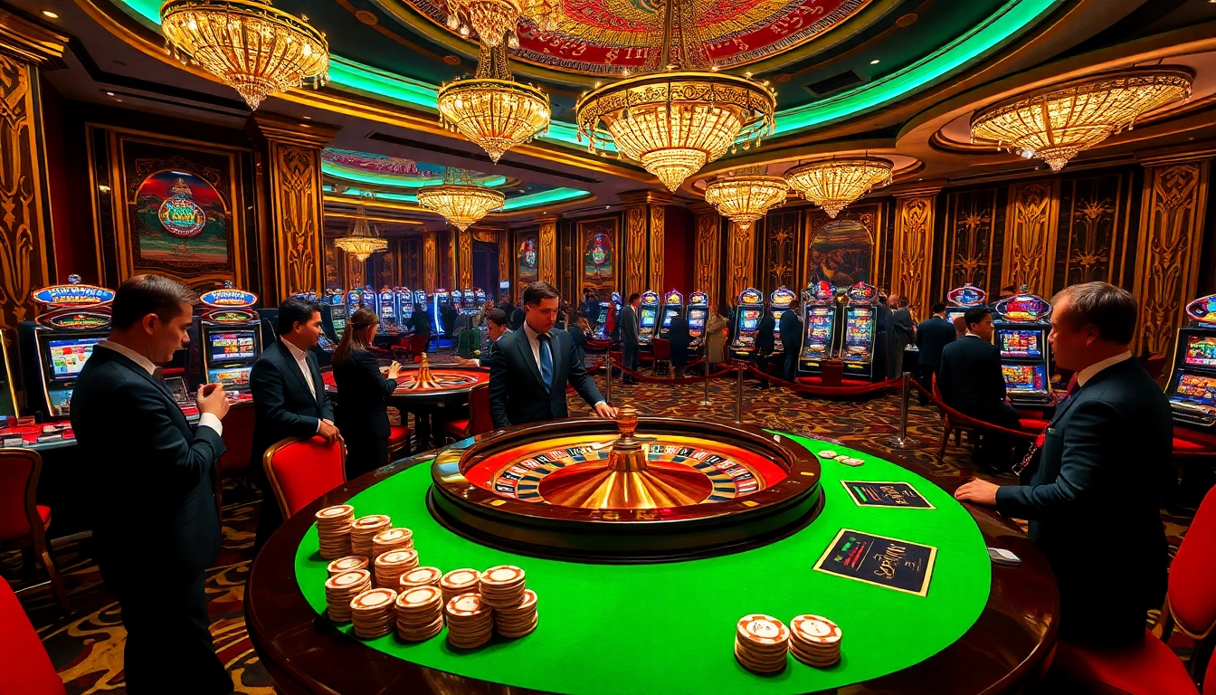 A vibrant casino scene at trang chủ qq88, featuring high-stakes roulette and excited players enjoying gambling activities.
