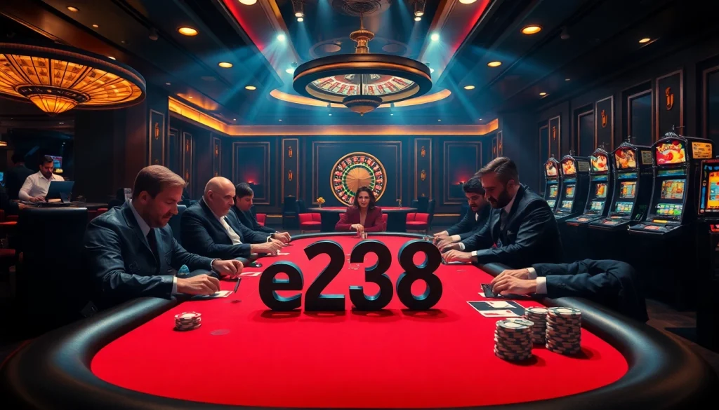 Players engage in a thrilling e28 poker game at a luxurious casino table, surrounded by vibrant chips and dice.