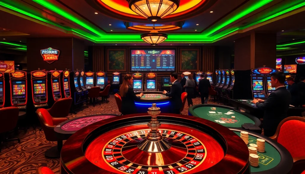Experience the thrill of gambling at 98win9 dev with players at a lively roulette table, vibrant slot machines, and engaging poker games.