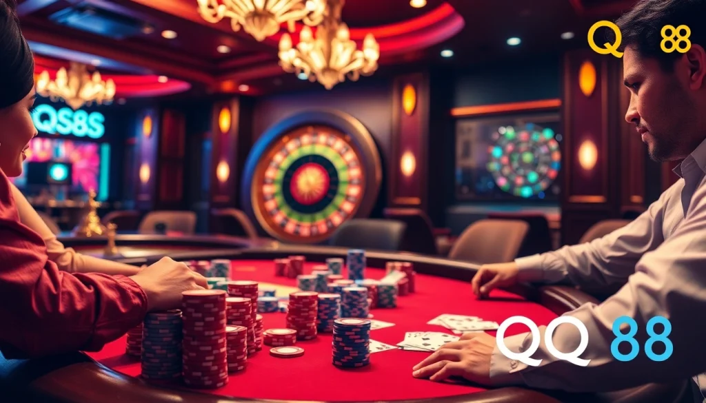 Experience the thrill of QQ 88 at a luxurious casino poker table, showcasing vibrant colors and high-stakes action.