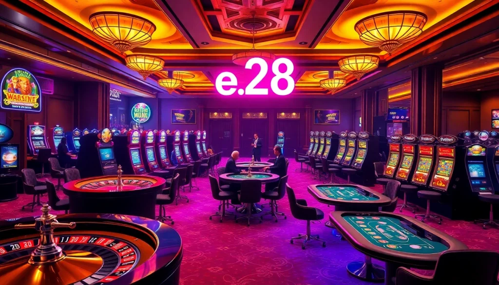 Experience the electrifying vibe of a vibrant casino with players and e28 neon lights illuminating the bustling gaming floor.