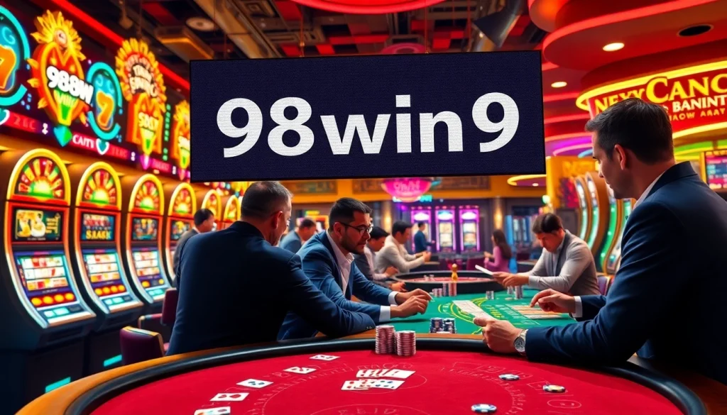 Experience the thrill of 98win9 with players captivated at a blackjack table amid vibrant casino excitement.