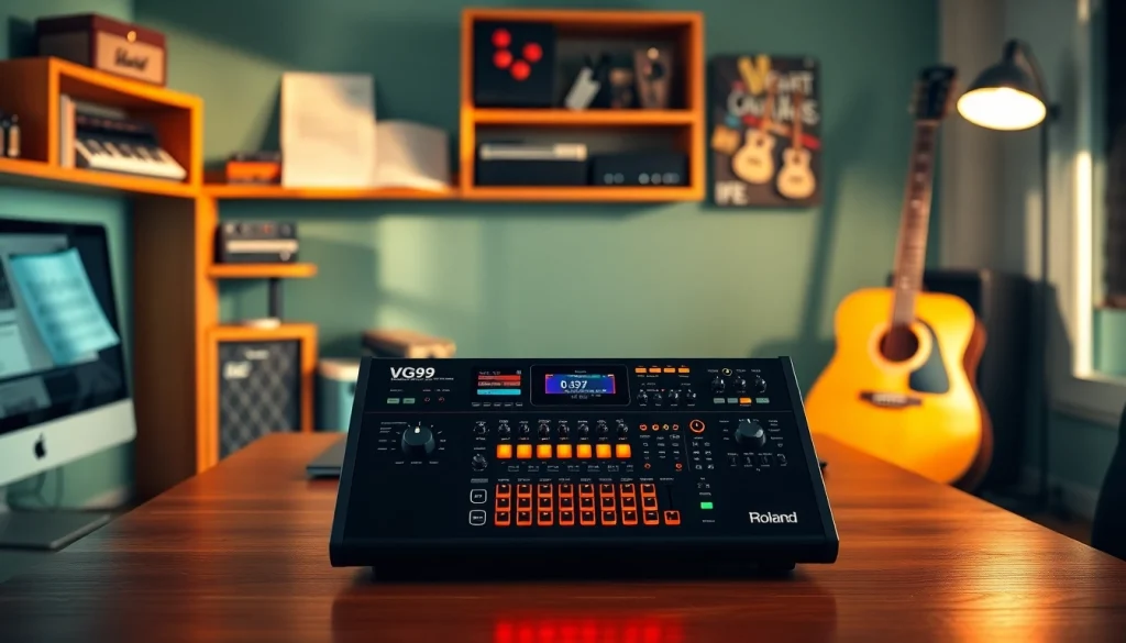 Showcasing the VG99 guitar modeling system in a modern studio environment, highlighting its innovative features.