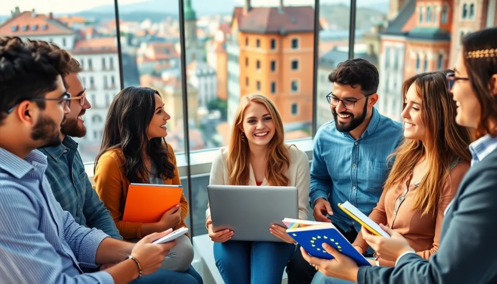 Engaging students collaborating under the theme europe connection in a vibrant European setting.