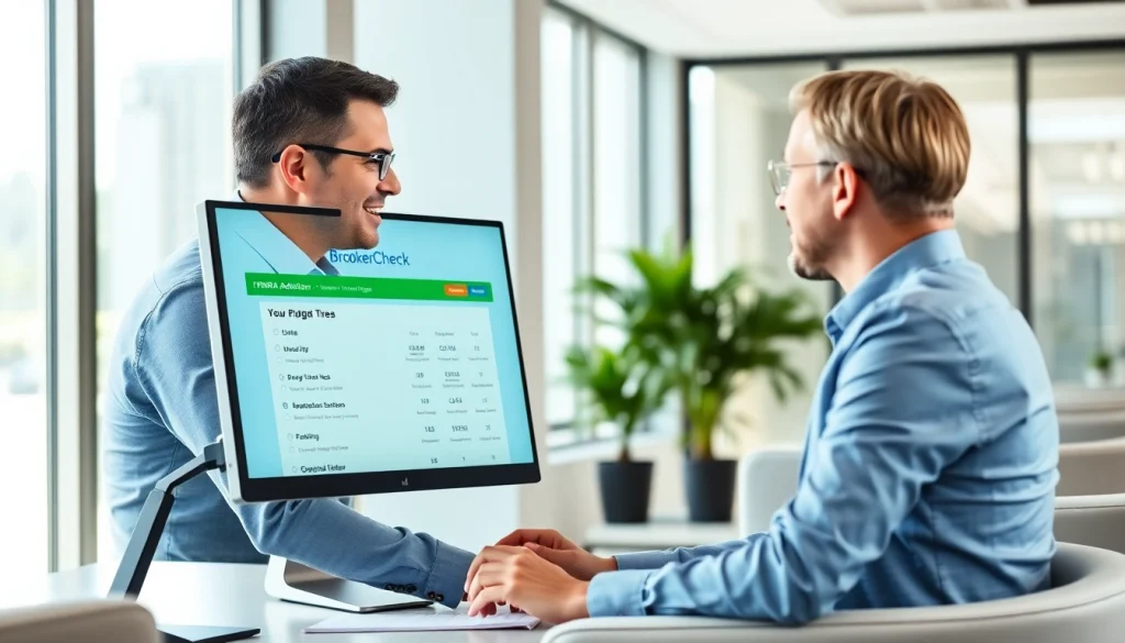 Explore the features of FINRA BrokerCheck with a professional financial advisor at work.
