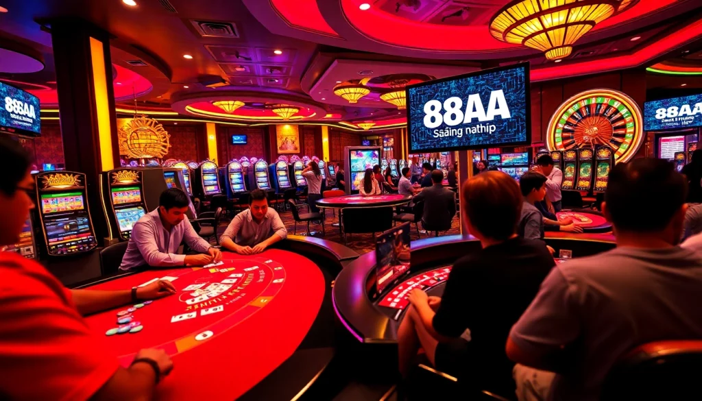 Experience the thrill of casino gaming with '88AA đăng nhập' featuring lively poker tables, colorful chips, and engaging slot machines.