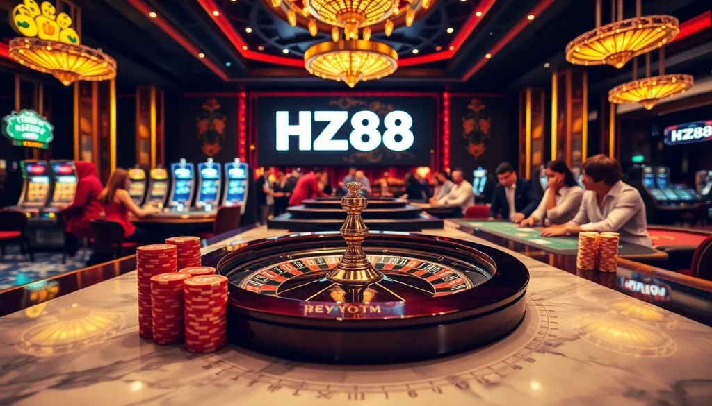 Experience the thrill of betting at HZ88 with vibrant casino tables, poker chips, and roulette wheels.