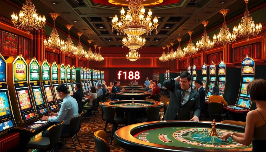 Vibrant casino scene showcasing players at tables and f168-themed slot machines for a high-stakes gaming experience.