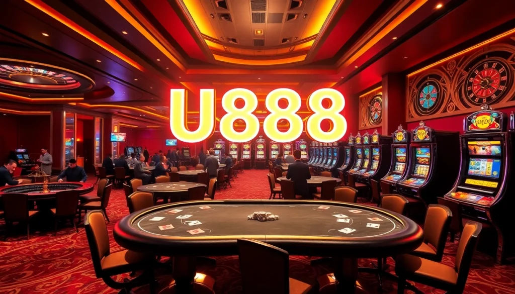 U88 casino scene with vibrant poker tables and roulette wheel in a luxurious setting.