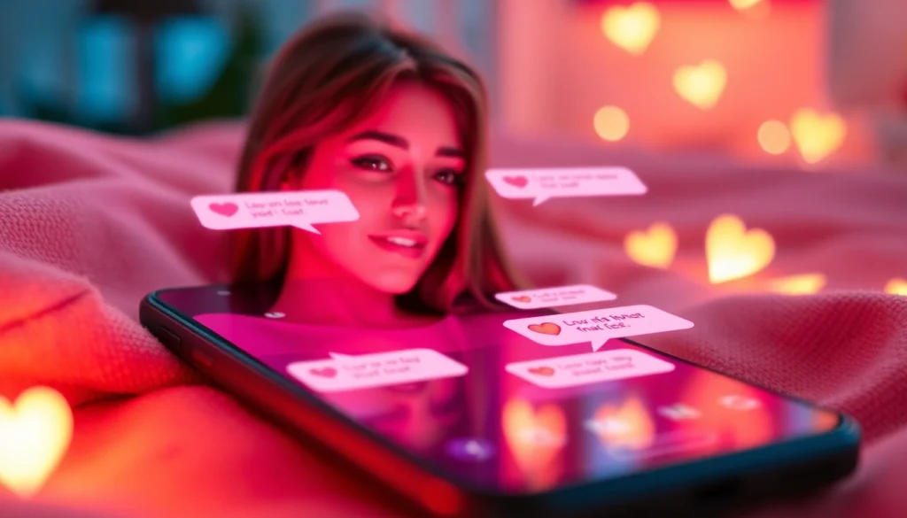 Engaging AI sexting conversation on a smartphone with flirty chat bubbles and warm lighting.