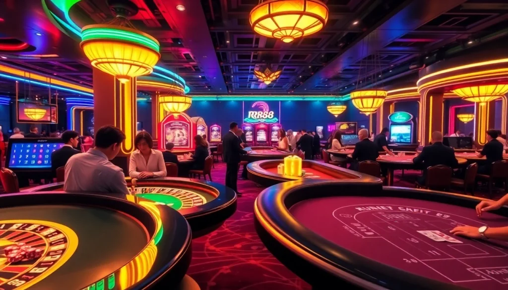 Experience the thrill of gambling at RR88, where vibrant players engage around roulette and blackjack tables.