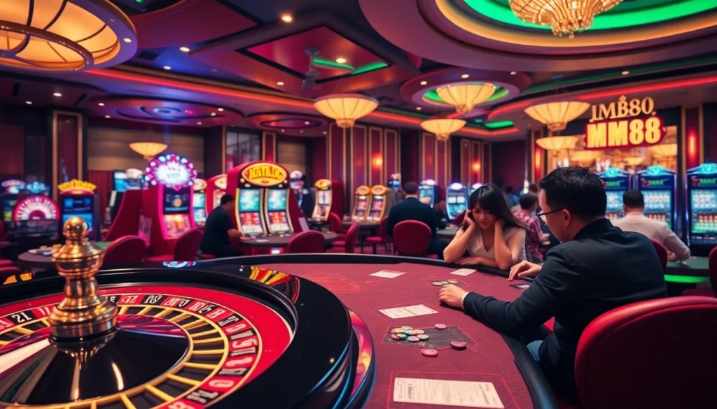 Exciting MM88 casino scene featuring poker games, bright slot machines, and illuminated roulette wheels.