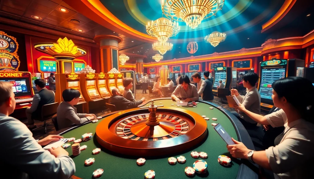 Exciting casino scene with players at poker and roulette featuring MMOO betting interface.