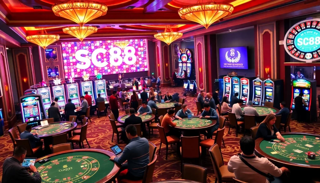 Experience the excitement of SC88 at a vibrant casino, where players enjoy thrilling games and slot machines.