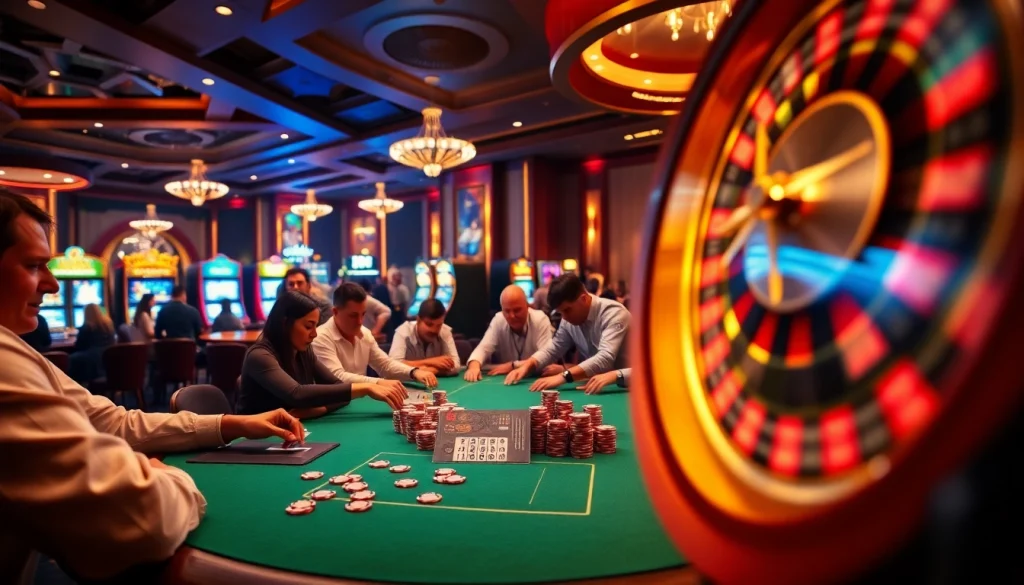 79kings.co captures the passion of players at a lively poker table, showcasing vibrant chips and a spinning roulette wheel.