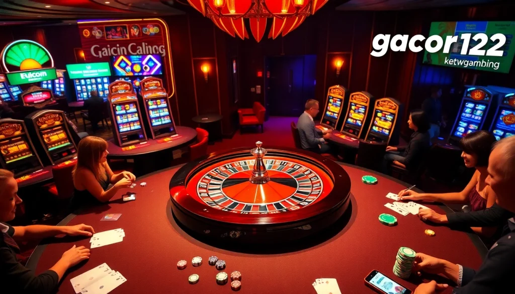 Exciting gambling scene featuring gacor123 at a bustling casino, showcasing roulette, poker chips, and slot machines.