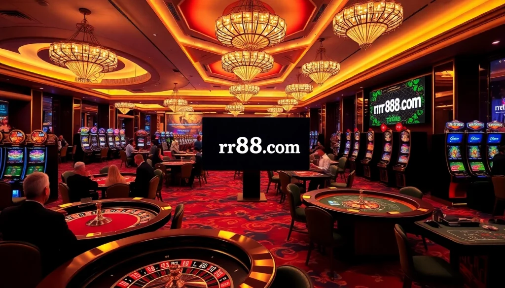 Exciting casino activity at rr88.com with players enjoying roulette, poker, and slots under luxurious lighting.