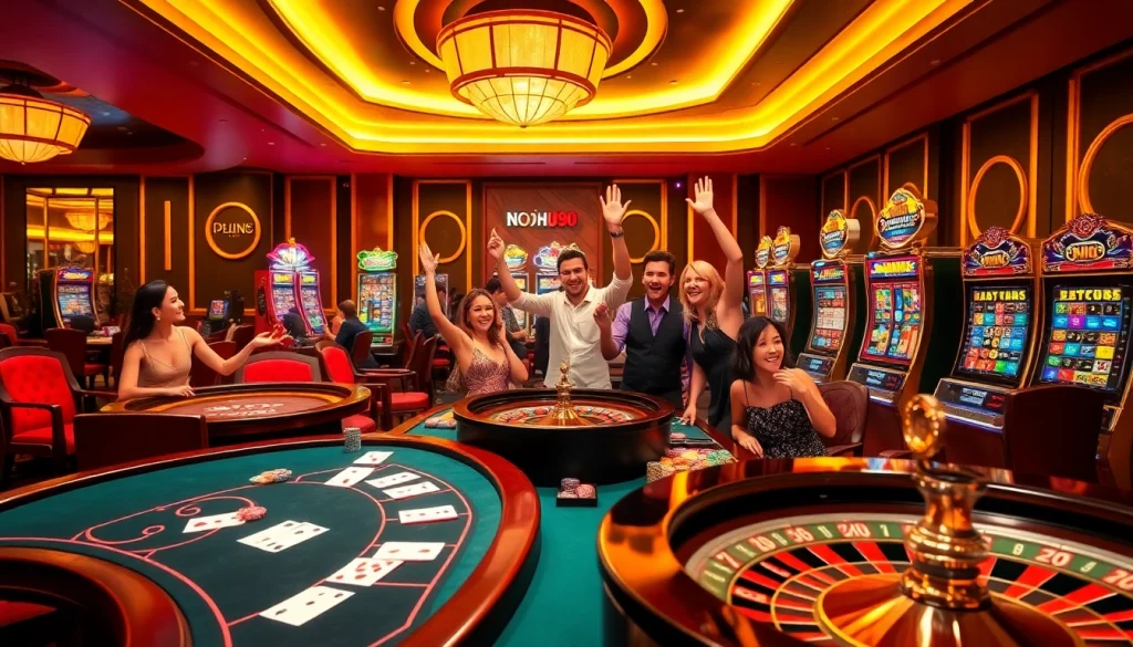 NOHU90 gaming scene showcases players enjoying vibrant casino games, highlighting slot machines and poker tables.