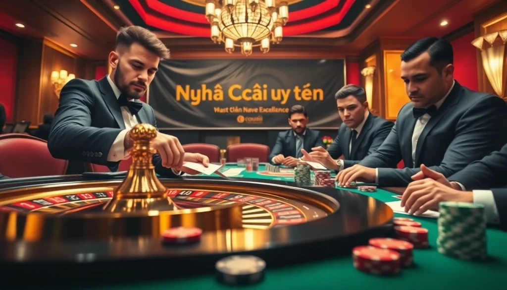 Experience Nhà cái uy tín at a vibrant poker table with intense players and dazzling roulette wheel.